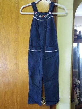 Jet Set Girl's Cotton Overalls w/ Embroidered Strawberry & Floral Design & Lace